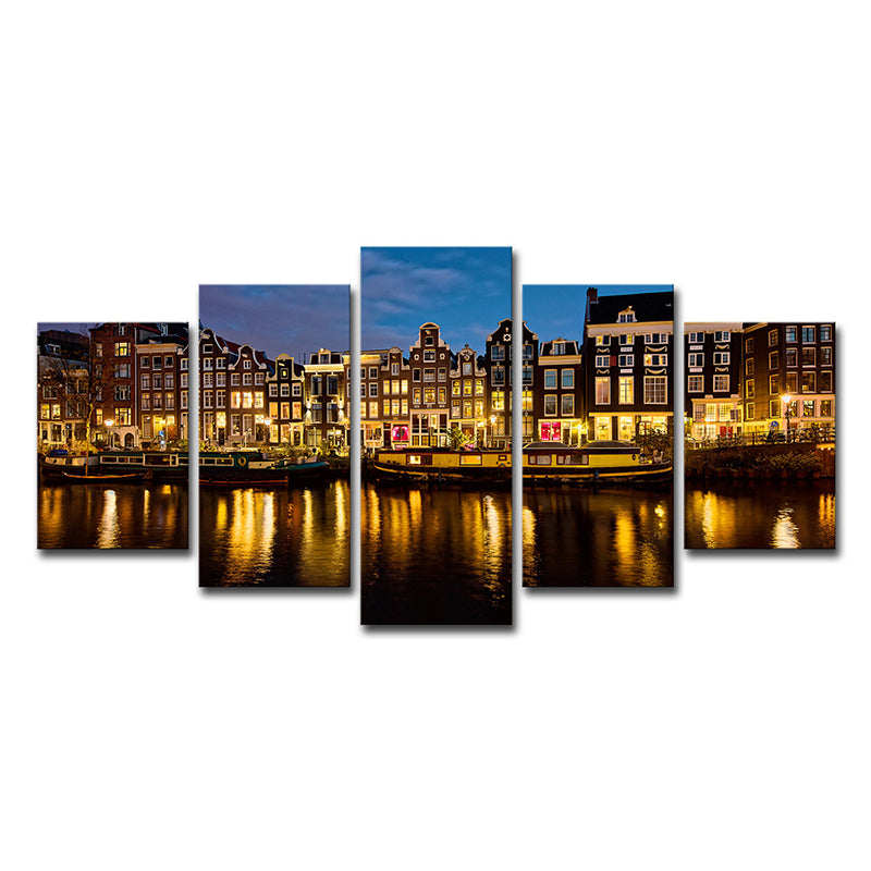 Amsterdam Canal Night Landscape Art Print Modern Multi-Piece Living Room Wall Decor