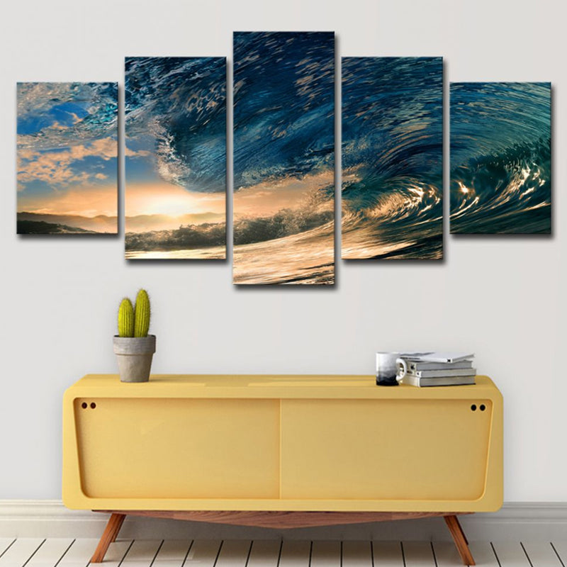 Sunset Surge Seascape Wall Art Modern Multi-Piece Canvas Print in Blue for Bedroom