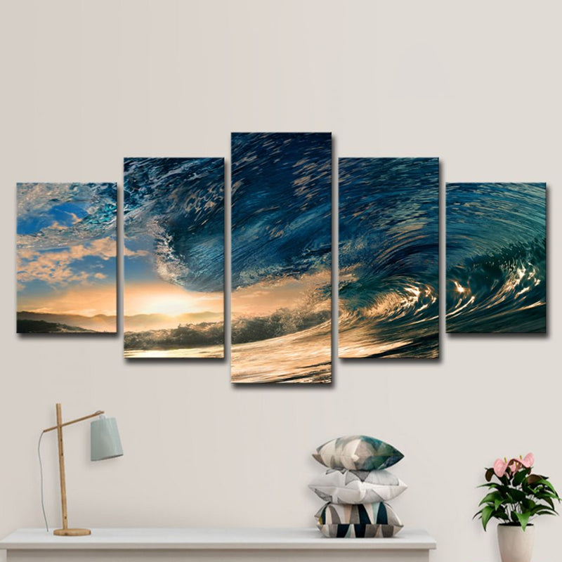 Sunset Surge Seascape Wall Art Modern Multi-Piece Canvas Print in Blue for Bedroom