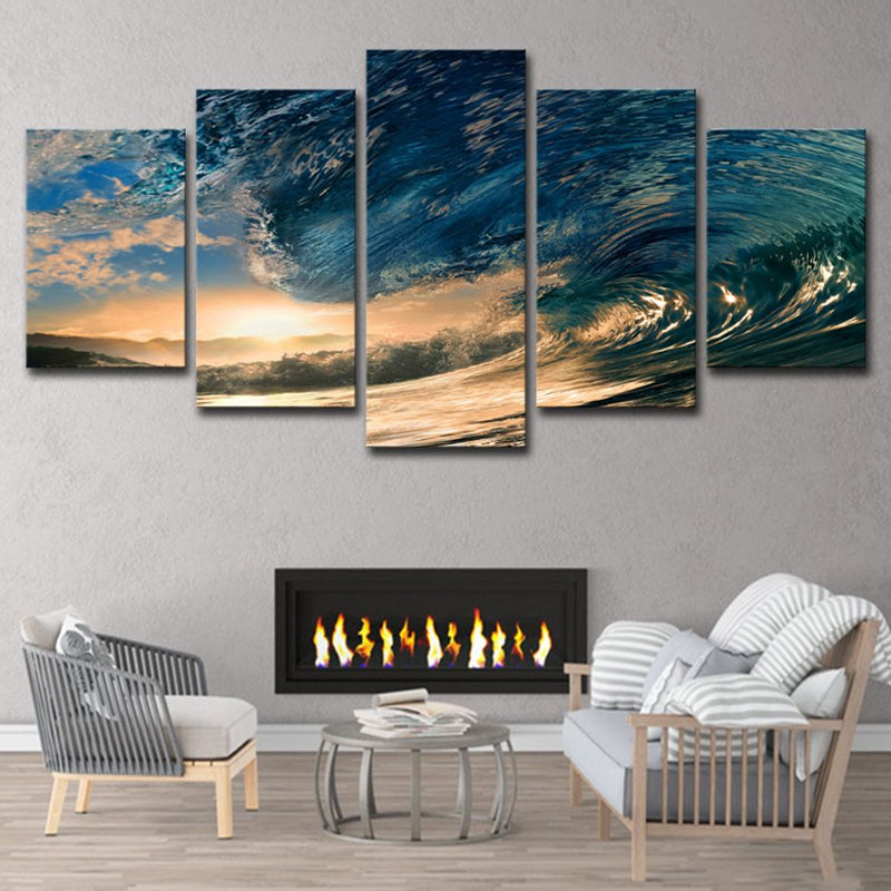 Sunset Surge Seascape Wall Art Modern Multi-Piece Canvas Print in Blue for Bedroom