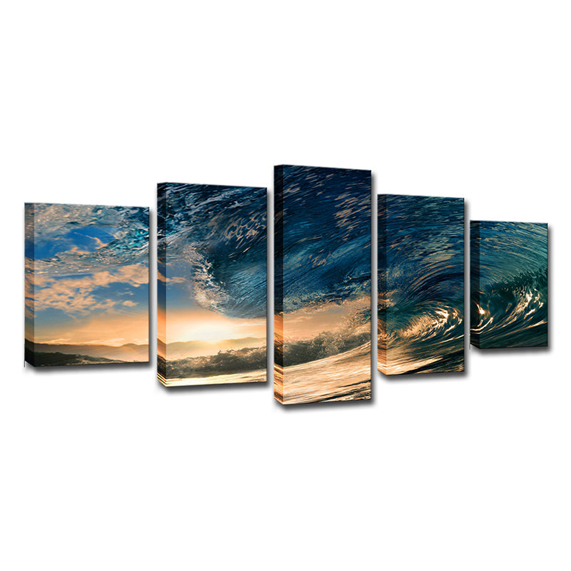 Sunset Surge Seascape Wall Art Modern Multi-Piece Canvas Print in Blue for Bedroom