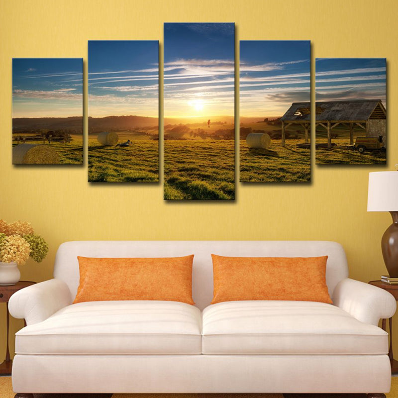 Brown Grassland Sunset View Art Print Multi-Piece Modernist Living Room Wall Decor