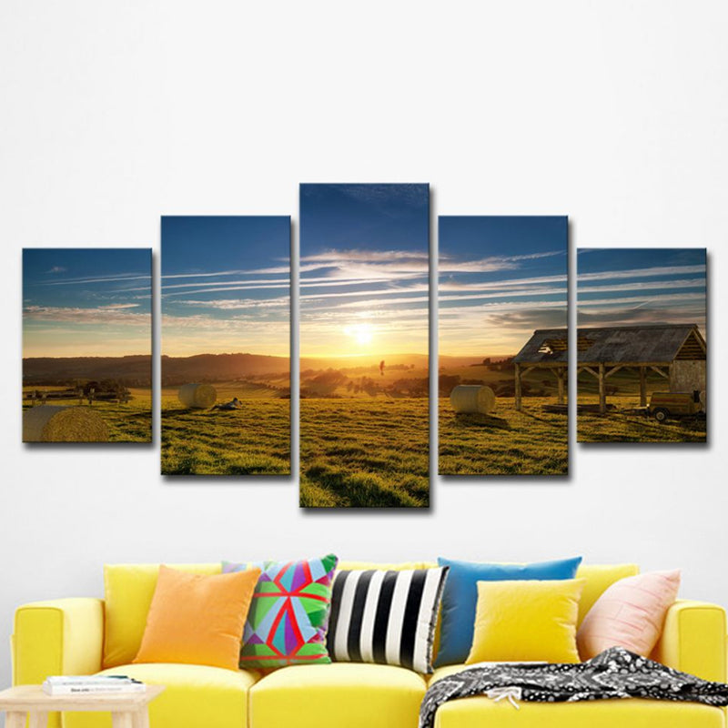 Brown Grassland Sunset View Art Print Multi-Piece Modernist Living Room Wall Decor