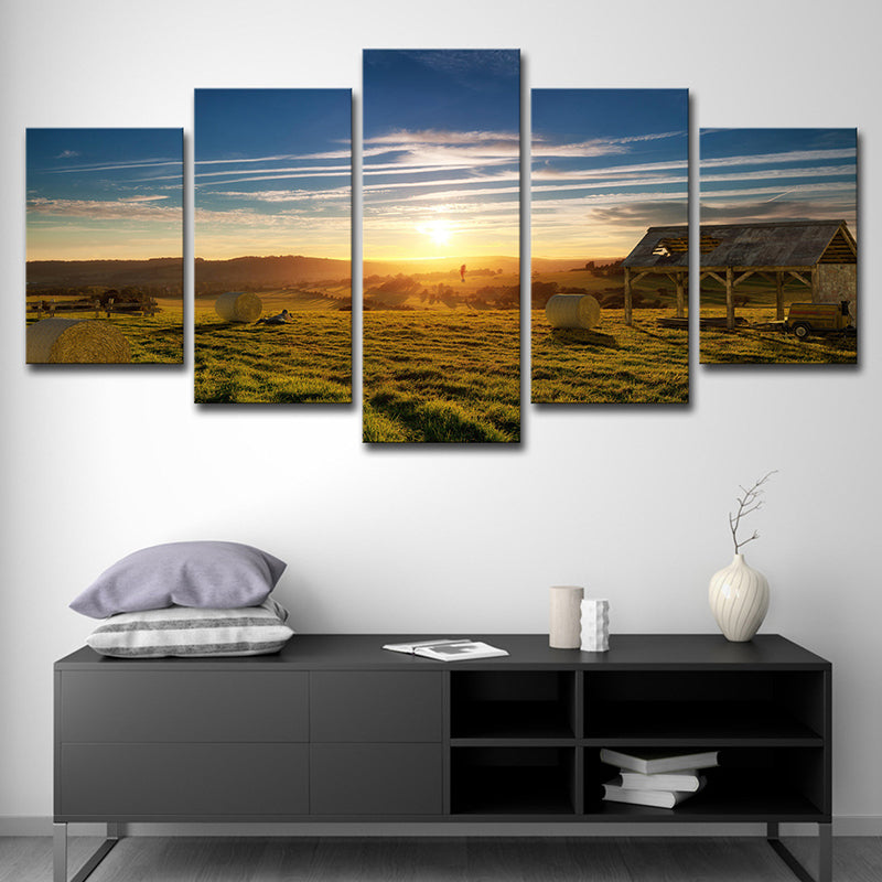 Brown Grassland Sunset View Art Print Multi-Piece Modernist Living Room Wall Decor