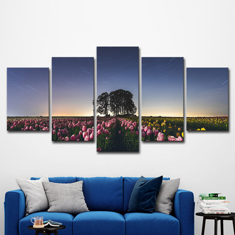 Modernism Tulip Farmland Wrapped Canvas Pink Multi-Piece Wall Art for Living Room