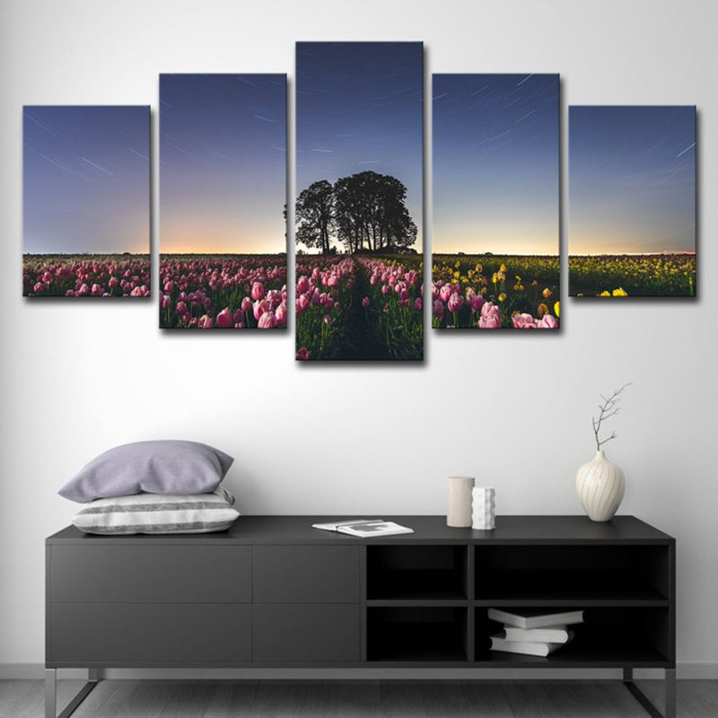 Modernism Tulip Farmland Wrapped Canvas Pink Multi-Piece Wall Art for Living Room