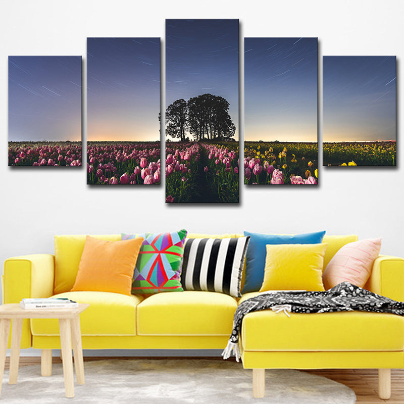 Modernism Tulip Farmland Wrapped Canvas Pink Multi-Piece Wall Art for Living Room