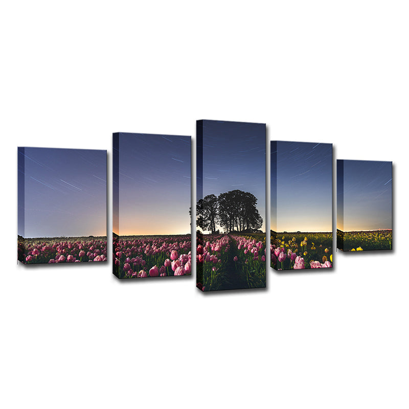 Modernism Tulip Farmland Wrapped Canvas Pink Multi-Piece Wall Art for Living Room