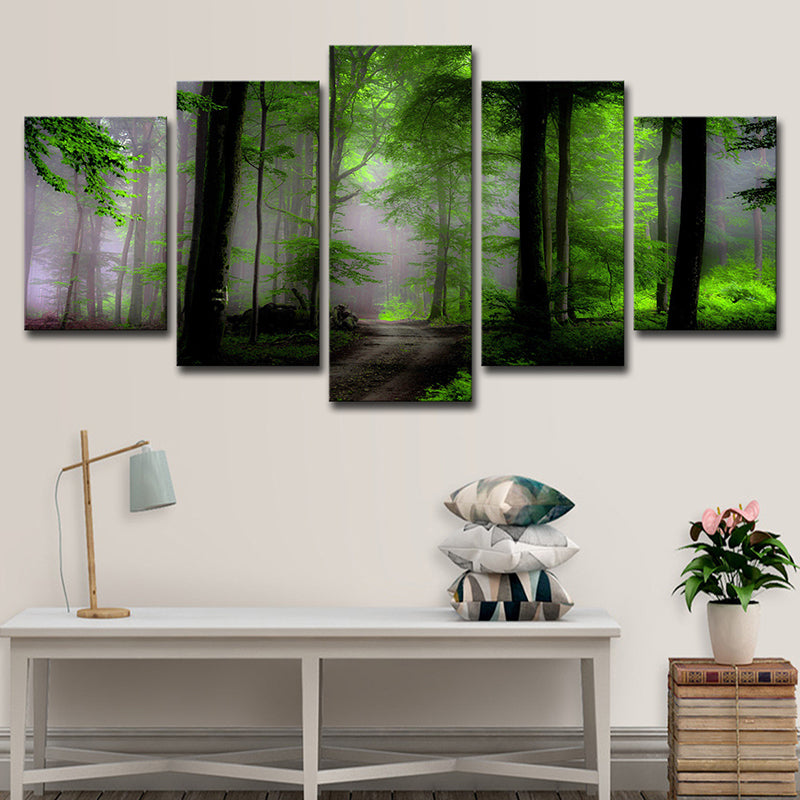 Dawn Forest View Wall Art Contemporary Tranquil Natural Scenery Canvas Print in Green