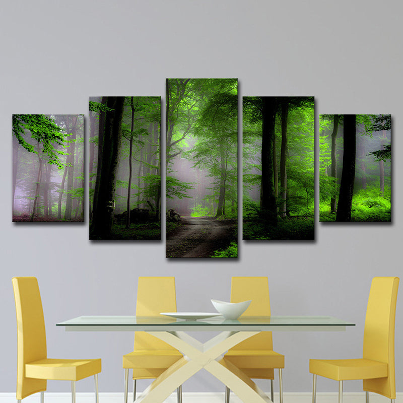 Dawn Forest View Wall Art Contemporary Tranquil Natural Scenery Canvas Print in Green