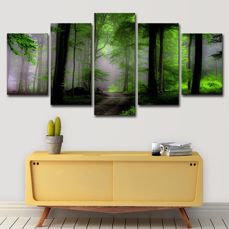 Dawn Forest View Wall Art Contemporary Tranquil Natural Scenery Canvas Print in Green