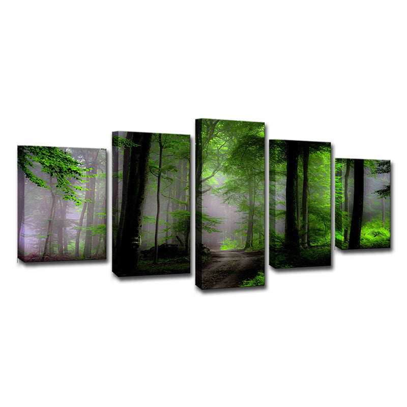 Dawn Forest View Wall Art Contemporary Tranquil Natural Scenery Canvas Print in Green