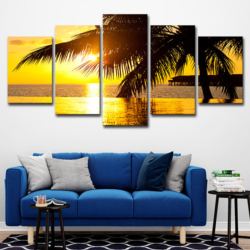 Yellow Tropix Canvas Art Sunset Seascape with Coconut Tree Print Wall Decor for Home