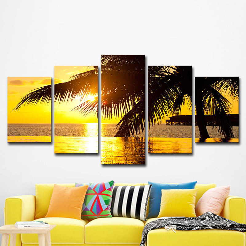 Yellow Tropix Canvas Art Sunset Seascape with Coconut Tree Print Wall Decor for Home