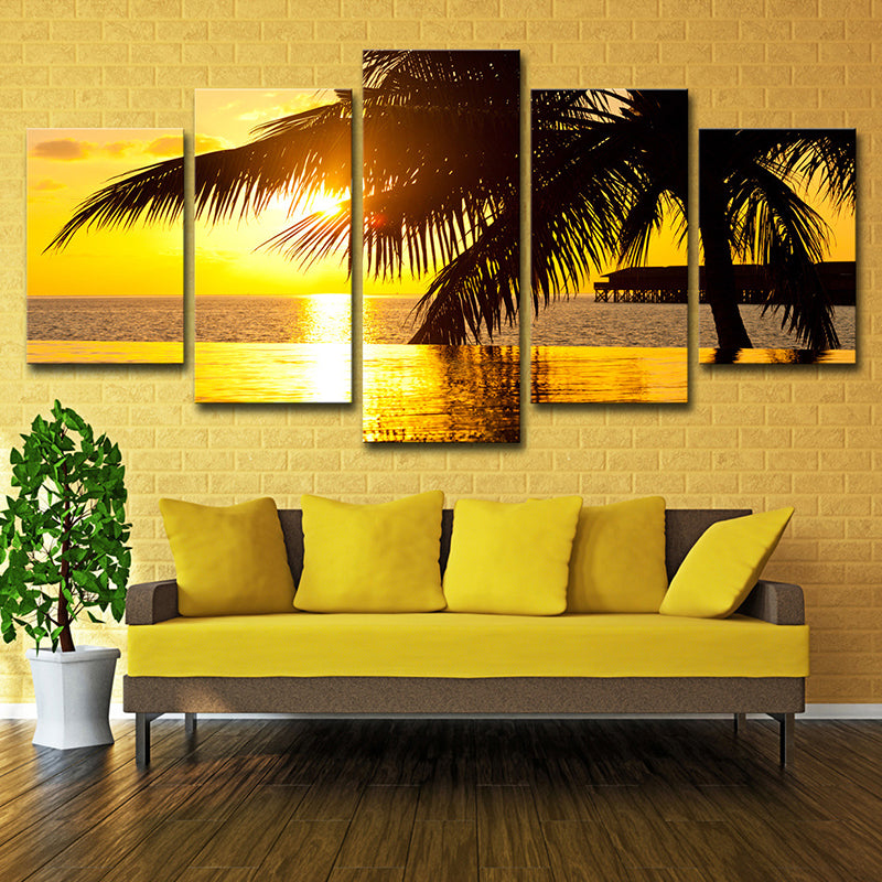 Yellow Tropix Canvas Art Sunset Seascape with Coconut Tree Print Wall Decor for Home