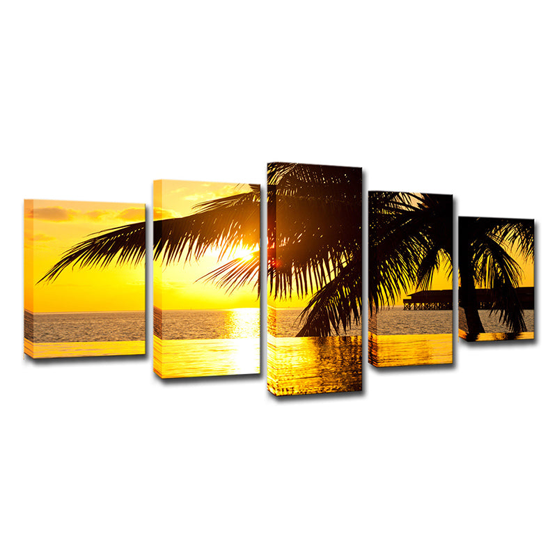 Yellow Tropix Canvas Art Sunset Seascape with Coconut Tree Print Wall Decor for Home