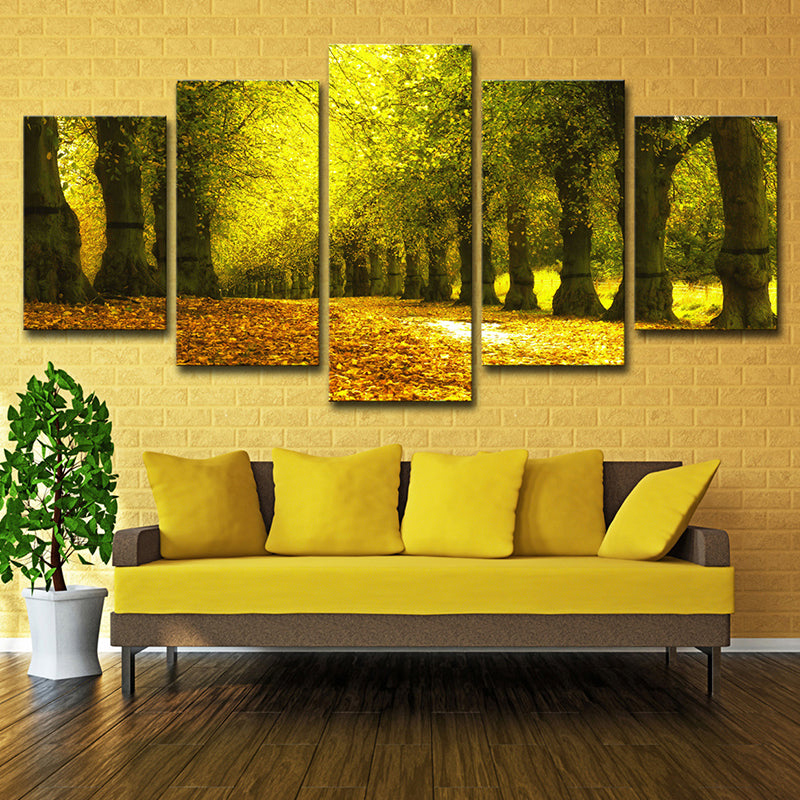 Autumn Scenery Wall Art Modern Beautiful Park Road Covered with Fallen Leaves Canvas in Green