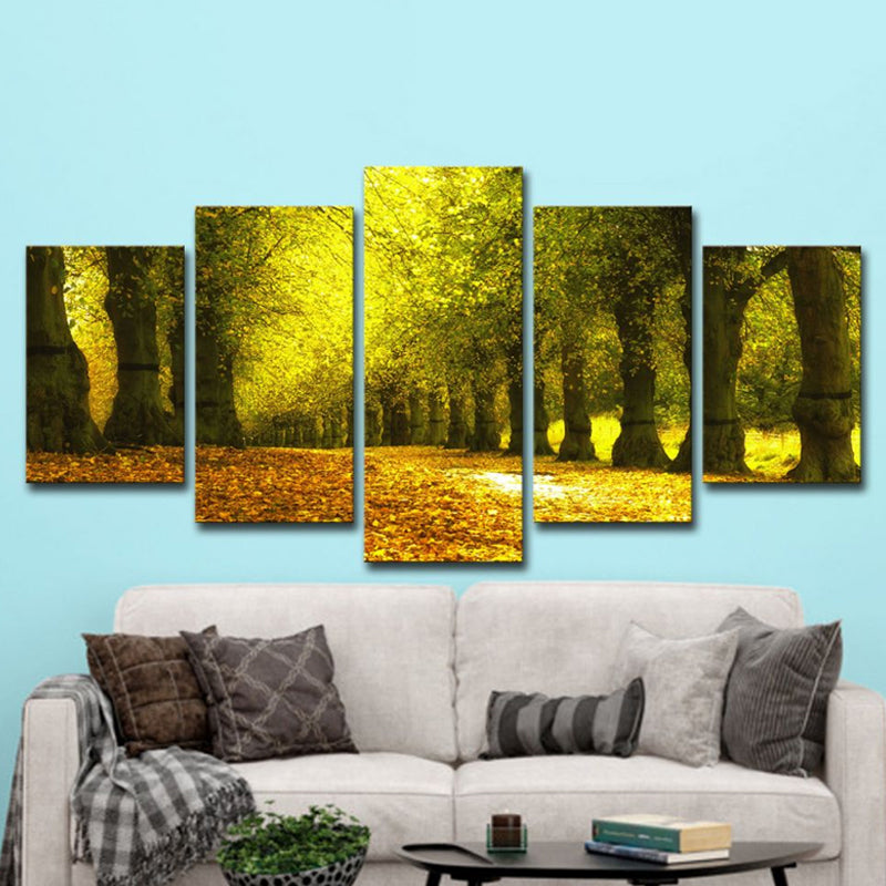 Autumn Scenery Wall Art Modern Beautiful Park Road Covered with Fallen Leaves Canvas in Green