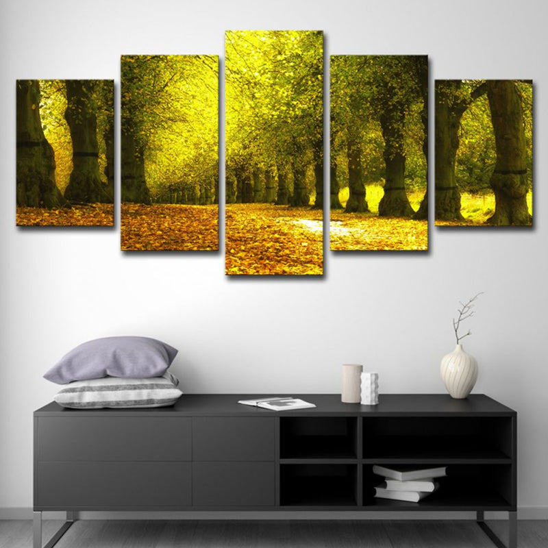 Autumn Scenery Wall Art Modern Beautiful Park Road Covered with Fallen Leaves Canvas in Green