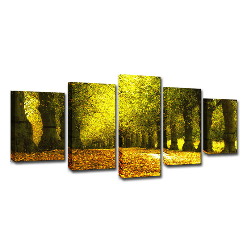 Autumn Scenery Wall Art Modern Beautiful Park Road Covered with Fallen Leaves Canvas in Green