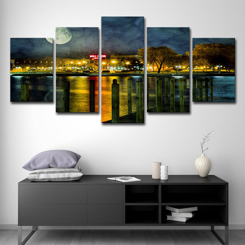 Yellow Urban Canvas Print Riverside City Night with Super Moon Scenery Wall Art for Room