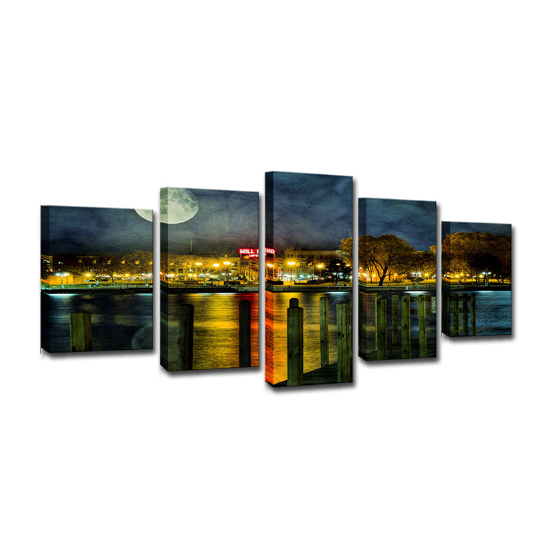 Yellow Urban Canvas Print Riverside City Night with Super Moon Scenery Wall Art for Room