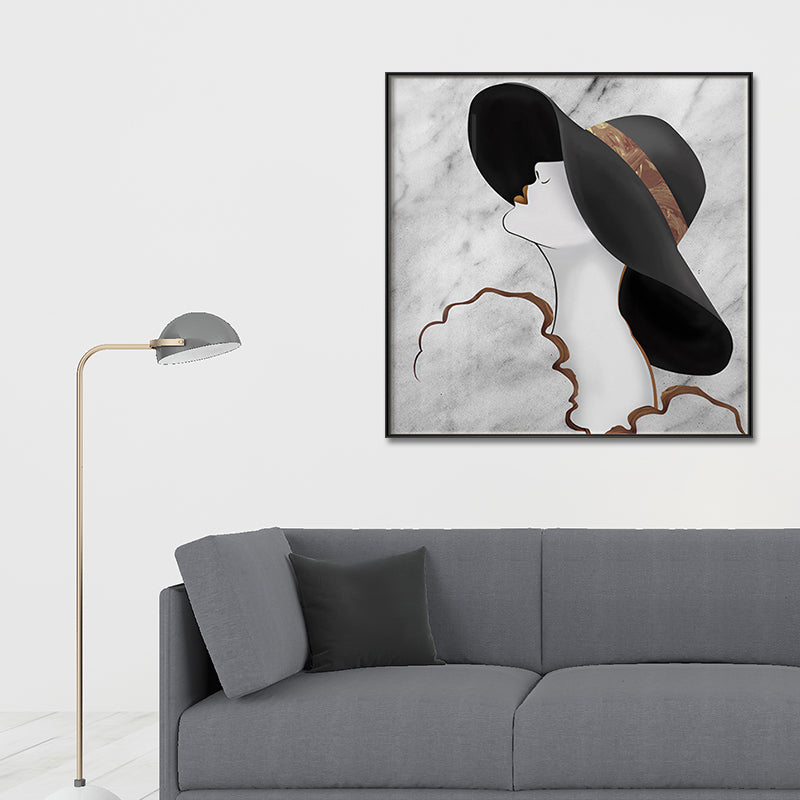 Woman in Floppy Hat Canvas Art Glam Elegant Figure Wall Decor in Black for Girls Room