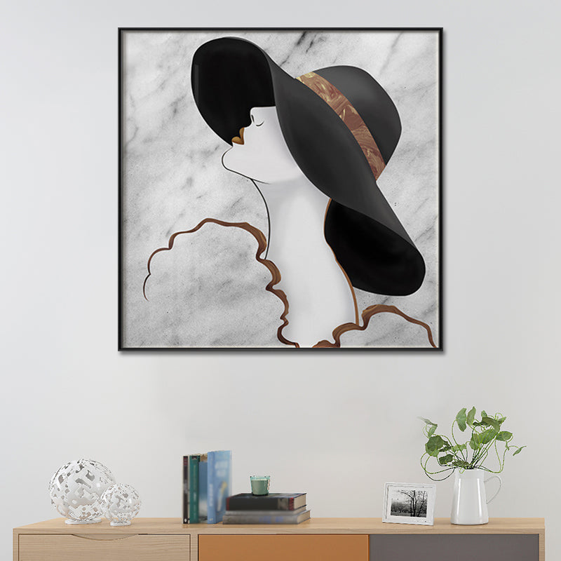 Woman in Floppy Hat Canvas Art Glam Elegant Figure Wall Decor in Black for Girls Room