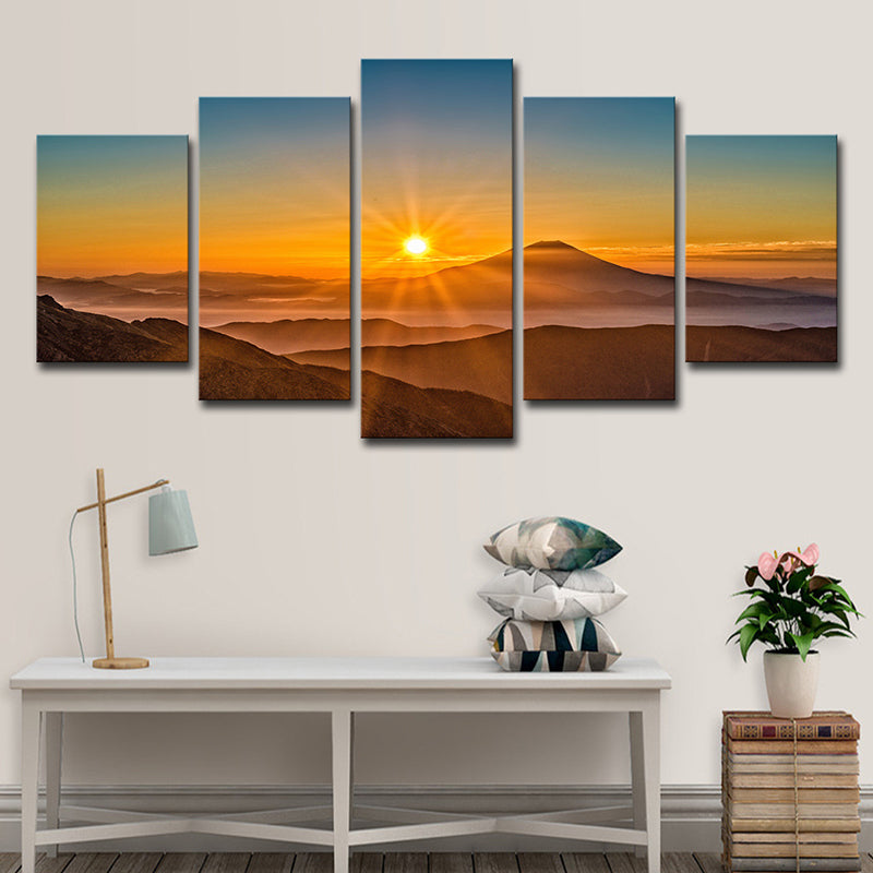 Sunset Mountain Landscape Canvas Art Multi-Piece Modern Living Room Wall Decor in Yellow