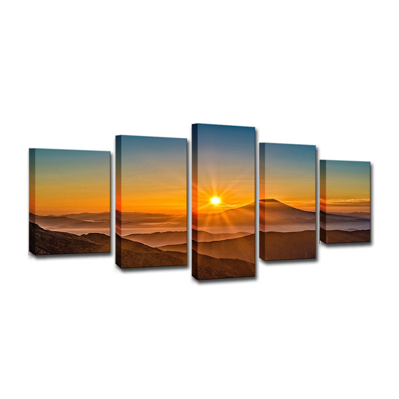 Sunset Mountain Landscape Canvas Art Multi-Piece Modern Living Room Wall Decor in Yellow