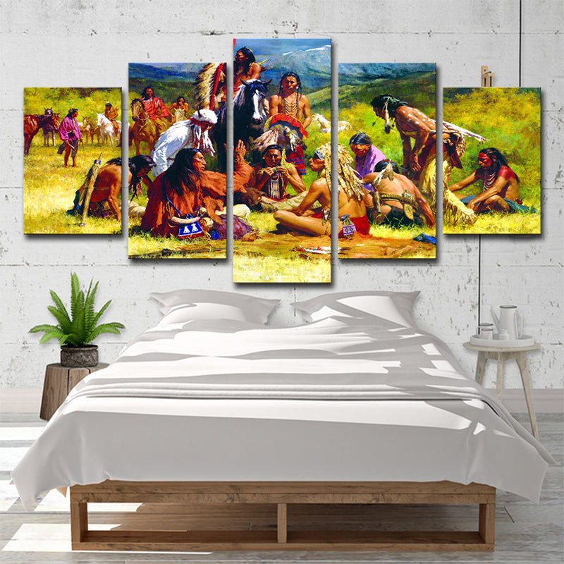 Modern Indians Painting Art Print Canvas Multi-Piece Yellow Wall Decor for Dining Room