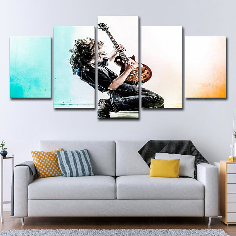 Cool Man Playing Guitar Canvas Art for Sitting Room, Blue and Black, Multi-Piece