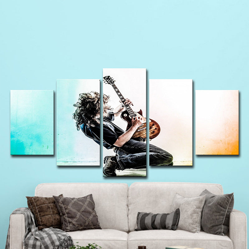 Cool Man Playing Guitar Canvas Art for Sitting Room, Blue and Black, Multi-Piece