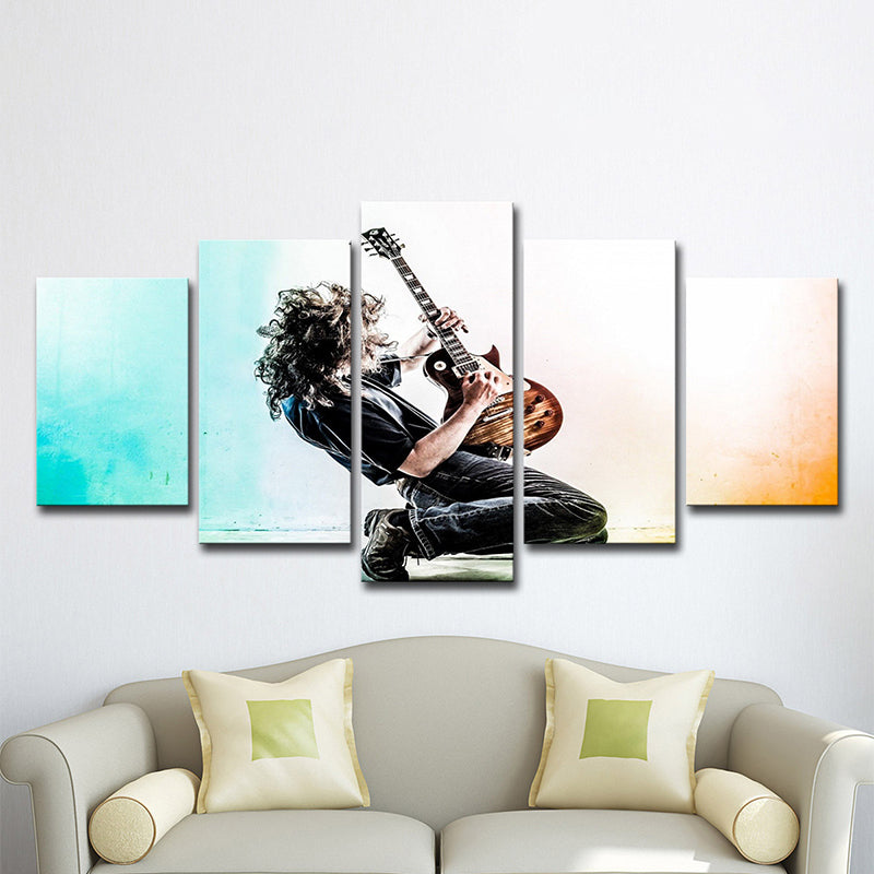 Cool Man Playing Guitar Canvas Art for Sitting Room, Blue and Black, Multi-Piece