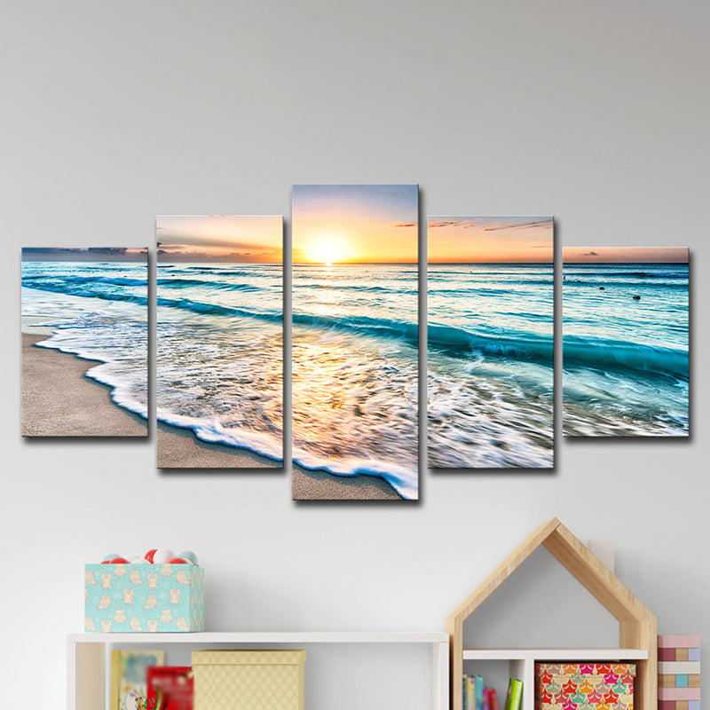 Sunset Beach Wave Art Print Ocean-Blue Canvas Wall Decor for Dining Room, Multi-Piece