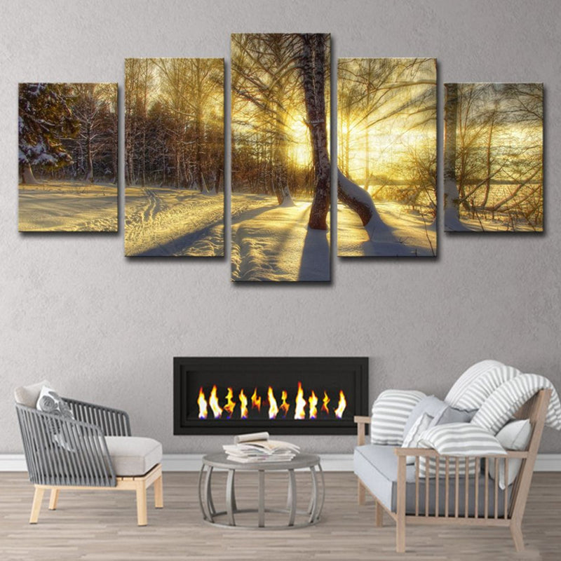 Photo-Print Modern Wall Art with Sunlight Breaking Through Bare Trees Scenery in Yellow