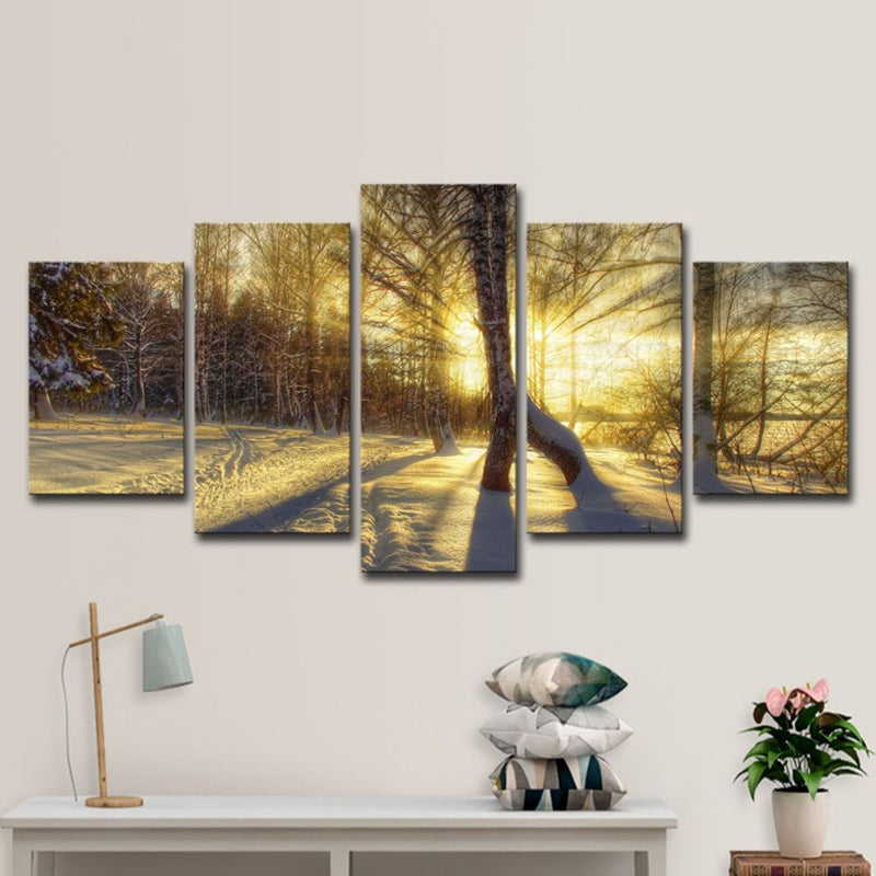 Photo-Print Modern Wall Art with Sunlight Breaking Through Bare Trees Scenery in Yellow