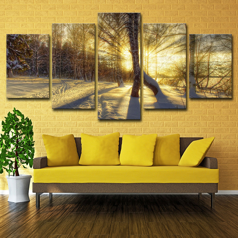 Photo-Print Modern Wall Art with Sunlight Breaking Through Bare Trees Scenery in Yellow