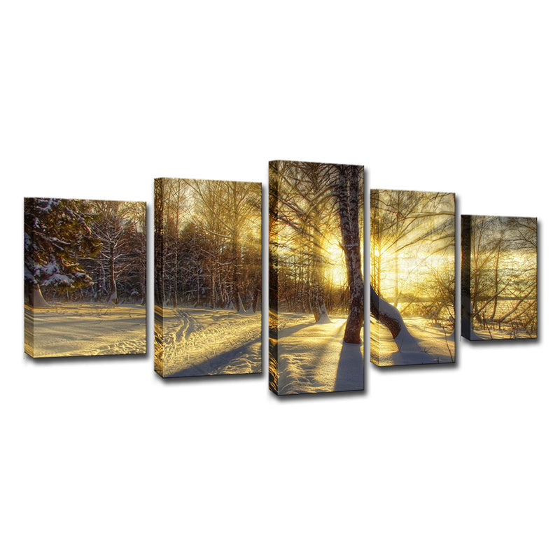 Photo-Print Modern Wall Art with Sunlight Breaking Through Bare Trees Scenery in Yellow