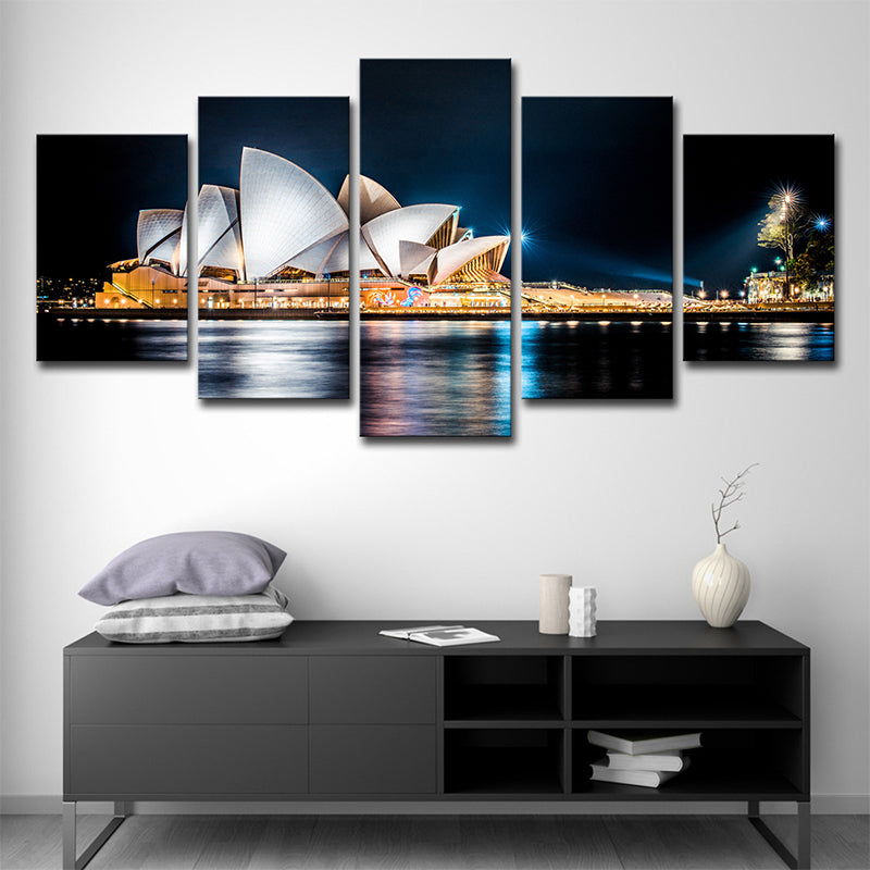 Global Inspired Night Cityscape Canvas Print Black Luminous Sydney Opera House Wall Art