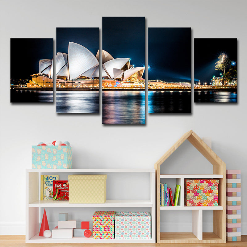 Global Inspired Night Cityscape Canvas Print Black Luminous Sydney Opera House Wall Art