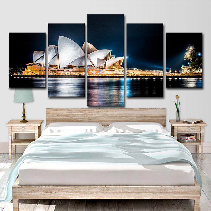 Global Inspired Night Cityscape Canvas Print Black Luminous Sydney Opera House Wall Art