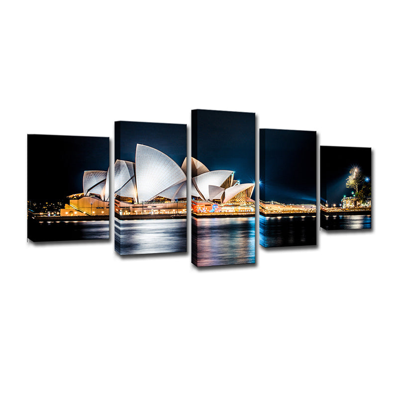 Global Inspired Night Cityscape Canvas Print Black Luminous Sydney Opera House Wall Art