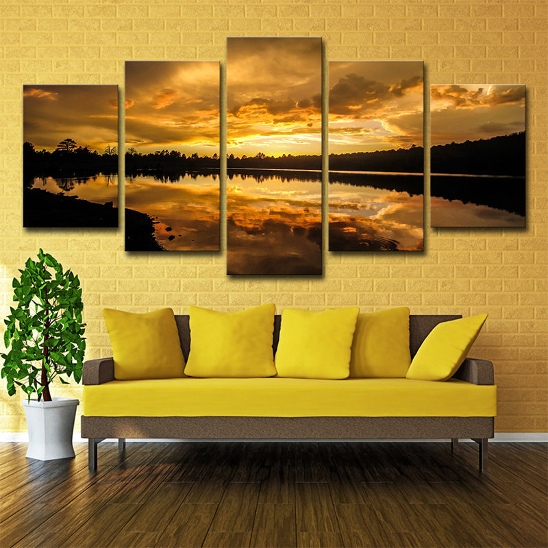 Kaibab Lake Sunset Scenery Canvas Gold Glam Wall Art for Sitting Room, Textured