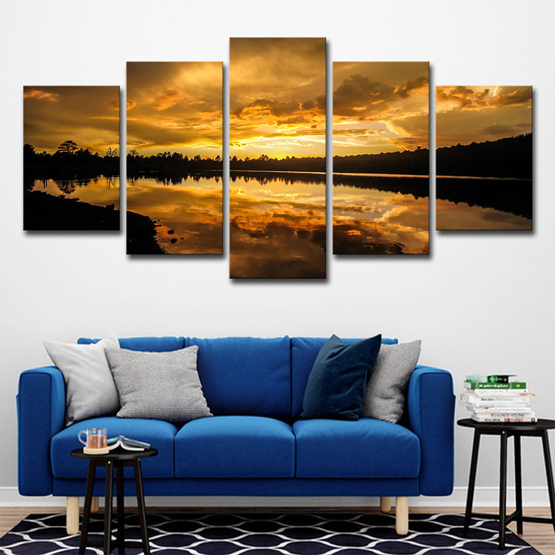 Kaibab Lake Sunset Scenery Canvas Gold Glam Wall Art for Sitting Room, Textured