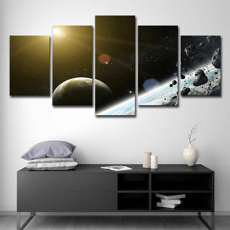 Outer Space Planet Wall Art Black Meteorite and Sun Canvas Print for Boys Bedroom