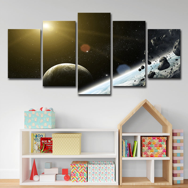 Outer Space Planet Wall Art Black Meteorite and Sun Canvas Print for Boys Bedroom