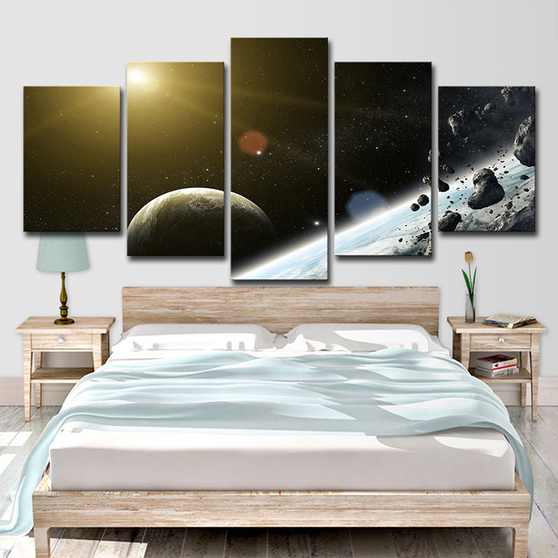 Outer Space Planet Wall Art Black Meteorite and Sun Canvas Print for Boys Bedroom