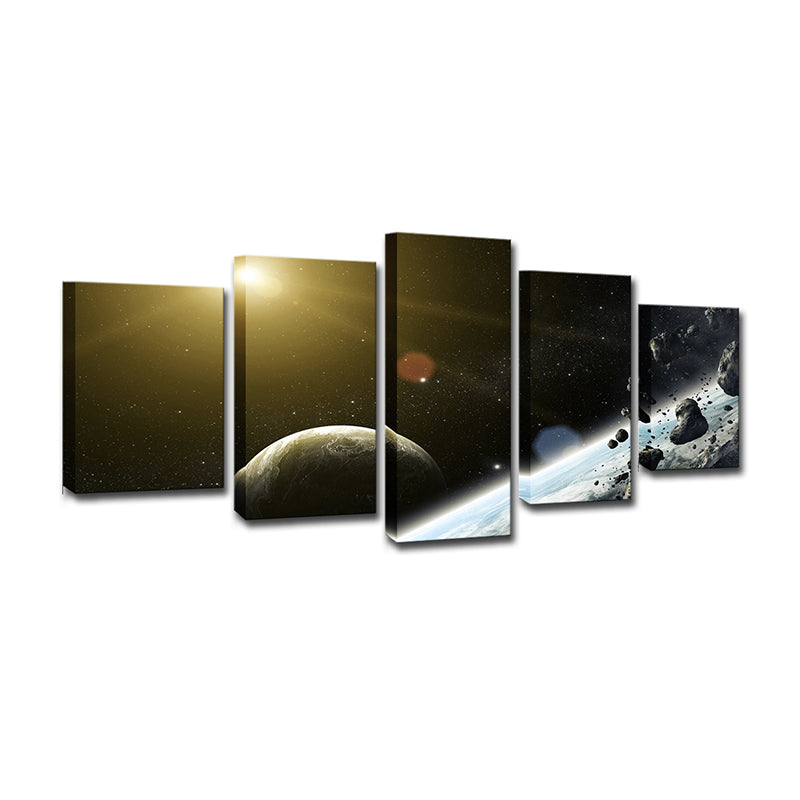 Outer Space Planet Wall Art Black Meteorite and Sun Canvas Print for Boys Bedroom