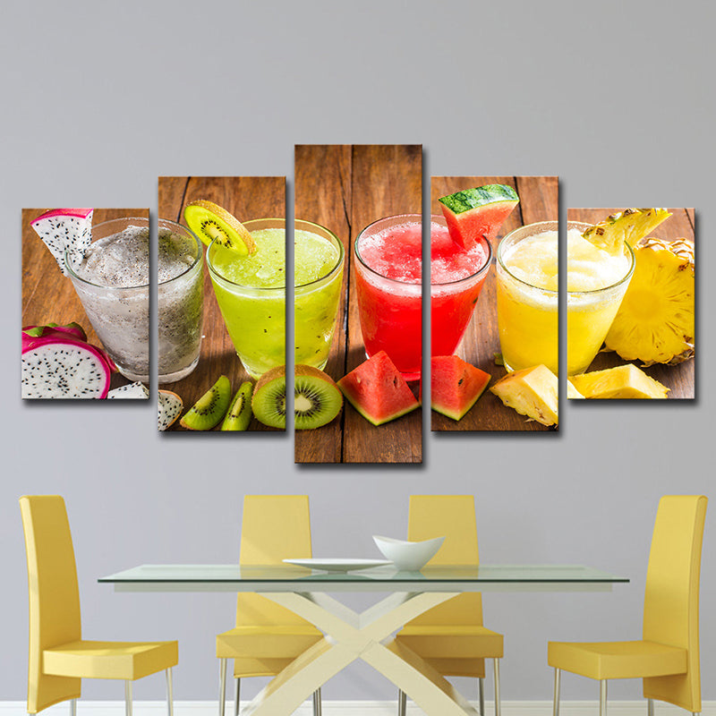 Modern Cups of Juice Art Print Canvas Multi-Piece Red and Yellow Wall Decor for Kitchen